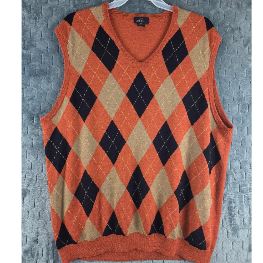 Brooks Brothers 346 Mens XXL Orange Argyle Extra Fine Merino Wool Sweater Vest